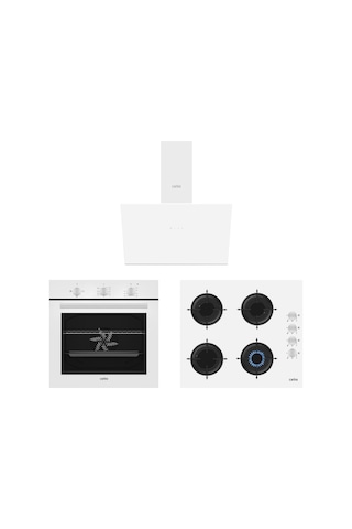 Carino 4 Fonksiyon Mekanik Beyaz Power Turbo 3'lü Cam Ocaklı Ankastre Set Fırın+Ocak+Davlumbaz