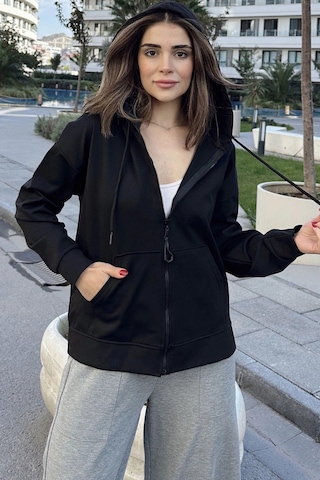WeShaya Kadın Siyah Kapüşonlu, Fermuarlı, Cepli, Regular Kesim Sweatshirt Siyah
