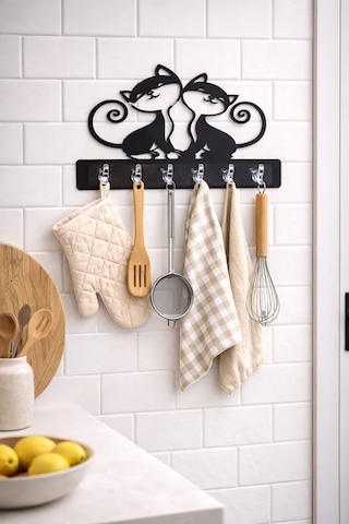 Kedi Figürlü Dekoratif Duvar Askılığı 6 Kancalı Mdf Anahtarlık Ve Askı 39 X 29 Cm Siyah Siyah