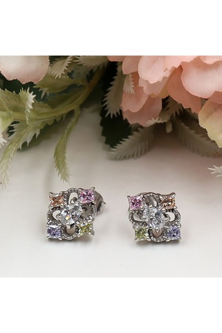 Dört Tırnaklı Dikdörtgen Renkli Taşlı Set Rose Gold - Gümüş