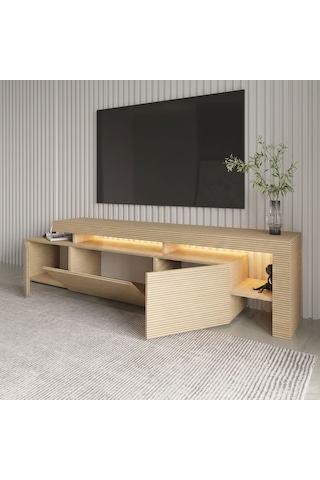 Beliz Modern Led Işıklı 3 Kapaklı, Raflı Tv Sehpası 192 Cm Sıcak Meşe/safir Meşe