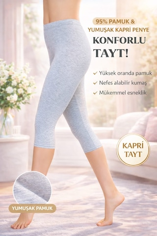 Rahat Kalıp Yüksek Bel Ağlı Kapri Gri Penye Tayt Gri