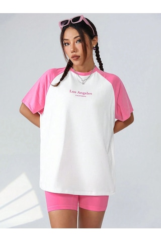 Los Angeles Parçalı Süprem T-shirt - Pembe Beyaz Baskılı Oversize Bisiklet Yaka Kısa Kol Tişört Beyaz-pembe