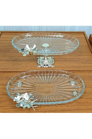 Elta Collection 2 Li Paşabahçe Kristal Metal Ayaklı Gümüş Oval Düz Pasta Sunumluk Kurabiyelik Gümüş Oval Düz