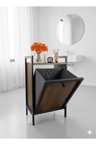 Metal Kirli Çamaşır Sepeti Banyo Rafı Dolabı Düzenleyici Organizeri Ahşap Metal Kirli Çamaşır Sepeti Banyo Rafı Dolabı Düzenleyici Organizeri Ahşap