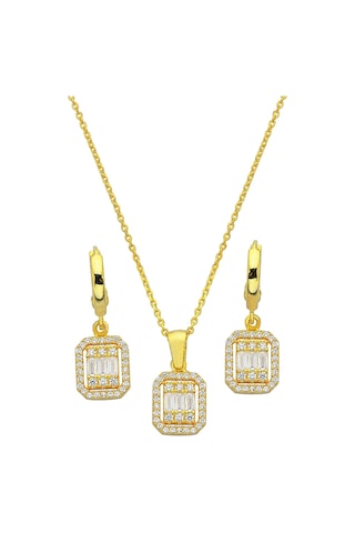 Baget Taşlı 925 Ayar Gümüş 18k Altın Kaplamalı Set - 67019801 Altın