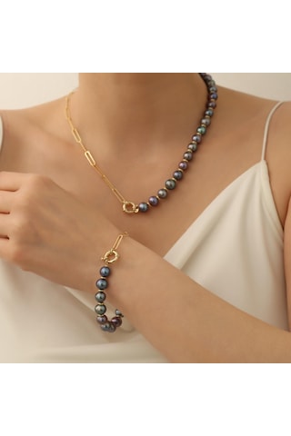 925 Ayar Gümüş Siyah İnci Set-9.00mm