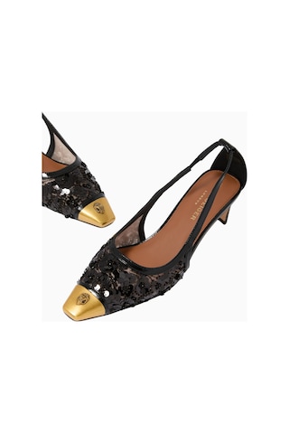 Kurt Geiger Regent 55 Low Open Court Mules, Parıltılı File Ve Antik Pirinç Topuklu Ayakkabı Siyah
