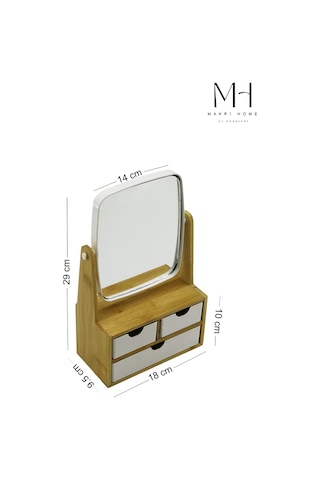 Makri Home Bambu Çekmeceli Ayna Takı Organizeri 3 Çekmeceli, 360 Dönen Ayna Ahşap