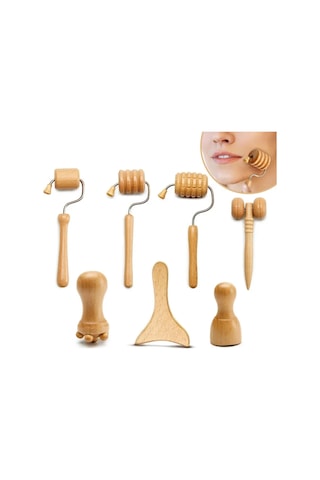 Mini Ahşap Yüz Masaj Aparatı & Madero Terapi Guasha 7'li Set