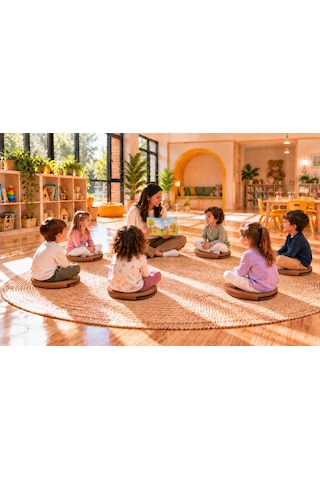 Kreş Anaokulu Yuvarlak Oyun Minderi Aktivite Minderi 40x40x5 Cm - Sandalye Minderi - Bahçe Dekor Minderi Yuvarlak Minder Açık Kahverengi