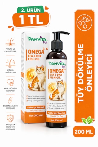 Pawvitapet Kediler Için Omega 3-6 Balık Yağı Tüy Ve Deri Bakımı Epa Dha Destekli 200 ML