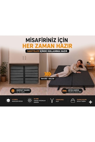 Flexa Gri 7 Cm Katlanır Sünger Yatak Yer Yatağı, Misafir Yatağı Puf, Koltuk, Şilte Ve Minder Kullanımı Taşıma Kulplu Fermuarlı Yıkanabilir Keten Kılıf 24 Dns Orta Sert Sünger Çift Kişilik