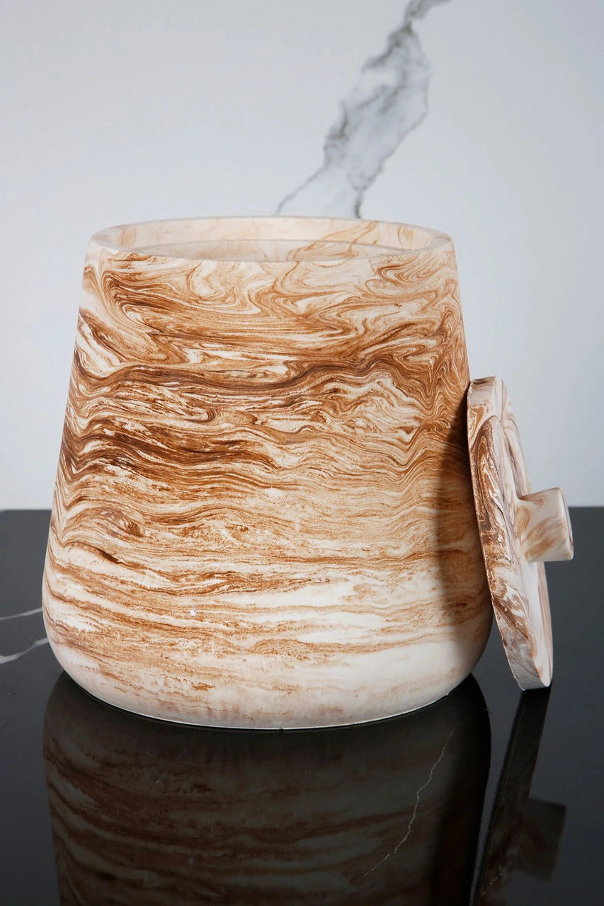 4 Parça Mermer Desenli Beton Banyo Wc Seti Tuvalet Fırçası Çöp Kovası 4 Litre Mermer Deseni