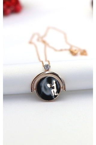 Çift Yönlü Siyah Gelin Damat Teklif Gümüş Kolye-Rose Gold