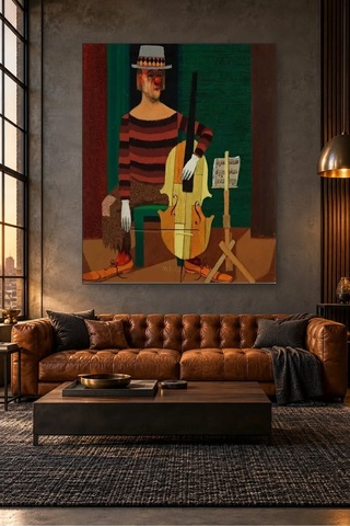 Fida Pelle Aberg Çello Çalan Şapkalı Palyaço Canvas Tablo Çok Renkli