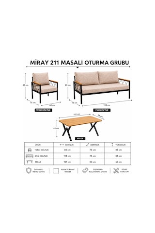 Miray 211 Masalı Krem Balkon Bahçe Oturma Grubu Minderli Metal Bahçe Mobilyası Takımı