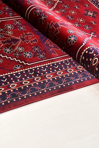 Rumi Etnik Geometrik Desenli Klasik Salon Oturma Odası Halısı Robot Süpürge Uyumlu Kolay Temizlenebilir Kırmızı Lacivert Kırmızı / Lacivert