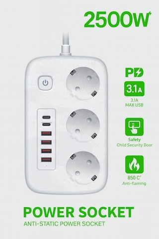 2500w Çoklu Priz 2 Metre 3 Lü Ac Priz +5 Usb Çıkışı Akım Korumalı Alev Almayan Gövde, Standart