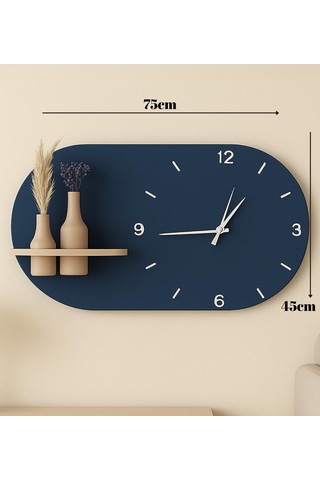 Modern Tasarım Raflı Nera Duvar Saati 75x45 Lacivert