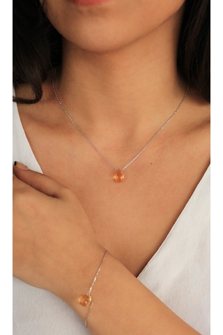 Doğan Diamond 925 Ayar Gümüş Altın Kaplama Doğal Sitrin Taşı Damla Set Kolye Ve Bileklik Bolluk Ve Bereket li Minimalist Tasarım Gümüş