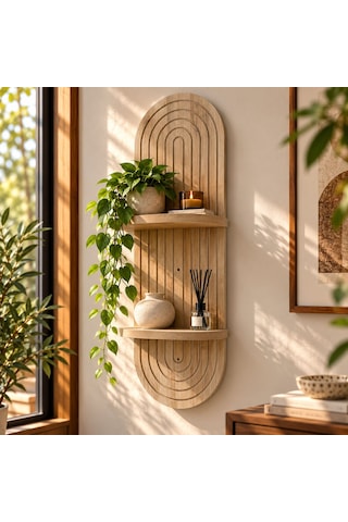 Lina Ahşap 2 Katlı Modern Duvar Rafı 85x30 Açık Meşe
