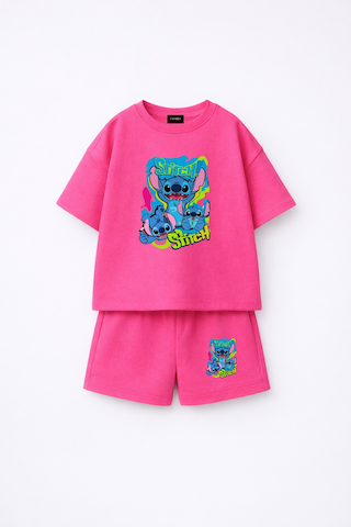Fasardi Stitch Ön Arka Baskılı Oversize %100 Pamuk Tişört Şort Çocuk 2li Takım Fuşya