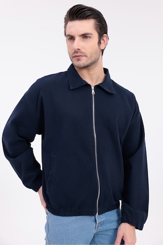 Mero Life Erkek Basic Old Money Fermuarlı Oversize Mevsimlik Polo Yaka Gabardin Kumaş Lacivert Ceket