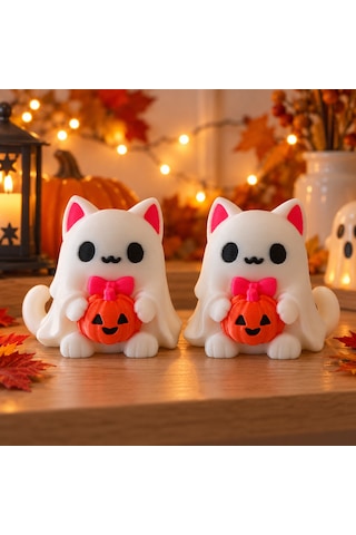 2'li Balkabağına Sarılan Hayalet Kedi Figürü Cadılar Bayramı Dekoratif Set 7,5 X 7,5 X 6 Cm Çok Renkli