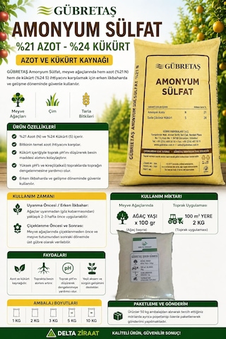 Gübretaş Amonyum Sulfat %21 Azot %24 Kükürt Şeker Gübresi Meyve Ağaçları, Zeytin, Çim Ve Tarla Bitkileri Için 3 KG