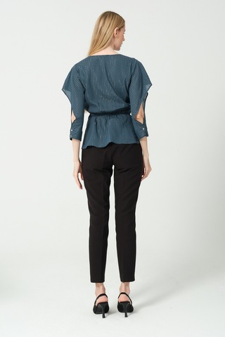 V Yaka Bağcıklı Kol Detaylı Bluz Petrol Mavi