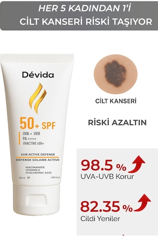 Devida UVA UVB Koruyucu Cilt Lekesi Önleyici Nemlendirici UvActive 400+ Yüz Güneş Kremi SPF50+ 50 ML
