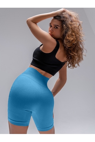 Mistirik Dublin Model Yüksek Bel Fitilli Seamless Biker Şort Buz Mavisi Renk027 Buz Mavisi