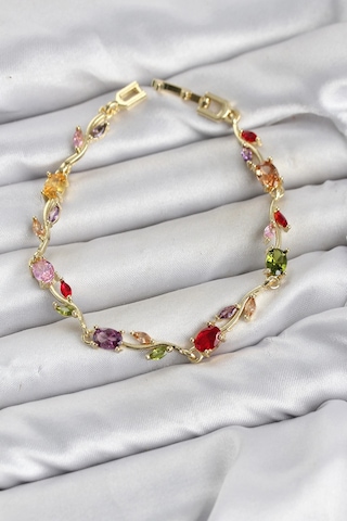 Pirinç Gold Renk Mix Renk Zirkon Taşlı Çiçek Model Kadın Bileklik Çok Renkli
