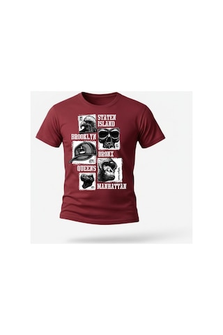 Urbantrendstore Unisex Brooklyn Yazılı Oversize Fit Rahat Geniş Salaş T-shirt Günlük Tişört Bordo