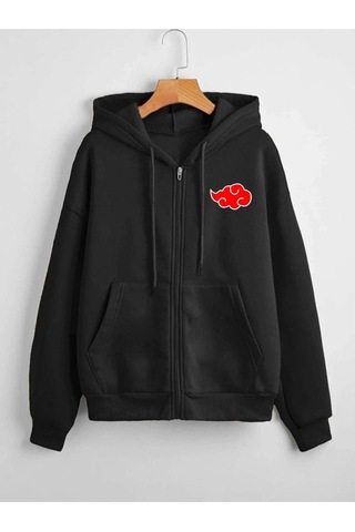 Relax&Basic Unisex Baskılı Kapüşonlu Fermuarlı Sweatshirt Siyah Siyah