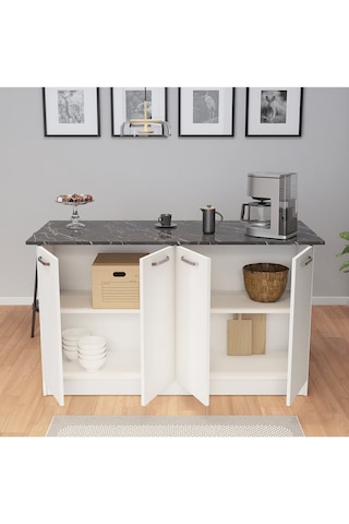 Patentli 160lık Benzila Mutfak Adası, Ada Mutfak, Çok Amaçlı Mutfak Dolabı, Mutfak Masası Siyah - Beyaz