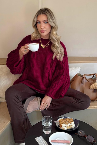 Madmext Bordo Bisiklet Yaka Örgü Desen Kadın Triko Kazak Mg2601 Bordo