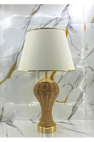 Metal Ve Örme Gold Ayak Hasır Krem Gold Şerit Kumaş Şapka Abajur Gold - Krem