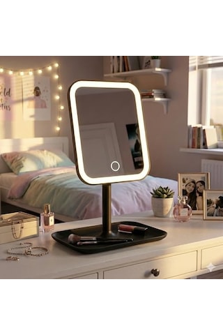 Led Işıklı Masaüstü Makyaj Aynası - Dokunmatik Sensörlü, Parlaklık Ayarlı Ve Organizer Tabanlı Taşınabilir Kozmetik Aynası - Usb Bağlantılı Profesyonel Bakım Ve Makyaj Standı Açık Bej