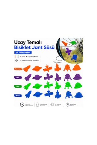Uzay Temalı Bisiklet Jant Süsü 24 Parça 4 Renk 6 Farklı Model Mor
