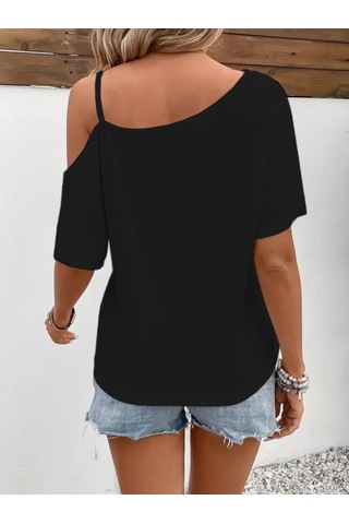 Kadın Tek Omuzu Açık Ip Askılı Baskılı Viskon Bluz Siyah