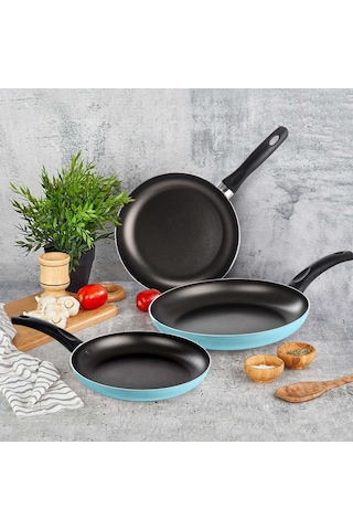 Mehtap Yanmaz Yapışmaz 18+22+26 Cm 3lü Teflon Tava Seti Turkuaz