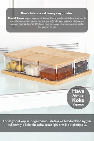 6 Parça Bambu Kapaklı Kahvaltı Saklama Kabı - Bambu Tepsili Hava Almaz Vakum Kapak Kahvaltılık Set Bej