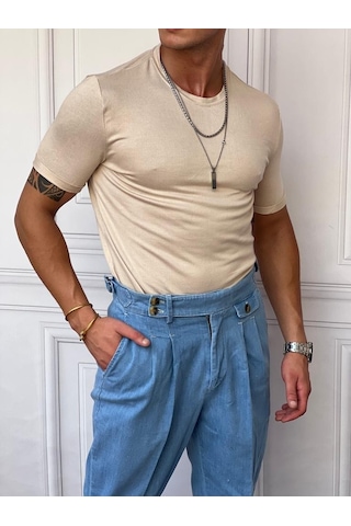 Modefendi Slim Fit Pamuk Triko Kumaş Tshırt Krem