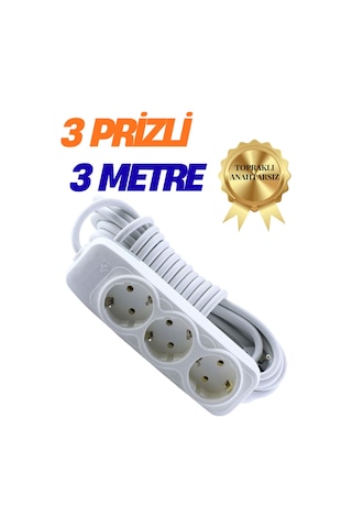 Klc 3'lü Grup Priz 3 Metre Topraklı Çocuk Korumalı Uzatma Kablosu Seyyar Kablo 3lü Priz 3lü Fiş Beyaz 3 - 4 M