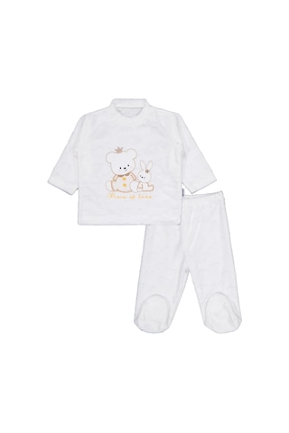 Albimini Kız Ayı Tavşan Nakış Patikli 2li Pijama Takım 1-6 Ay - Ekru