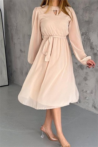 Neşeli Butik Kadın Bej Midi Boy Astarlı Şifon Elbise Nbkklf2027 Bej