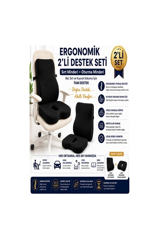 2 Li Ortopedik Visco Minder Seti Ergonomik Bel, Sırt Ve Kuyruk Sokumu Desteği Siyah