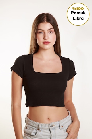 Mea Capio Kadın Fitilli Crop Kare Yaka Fitilli Kısa Kollu T-shirt Atlet Siyah